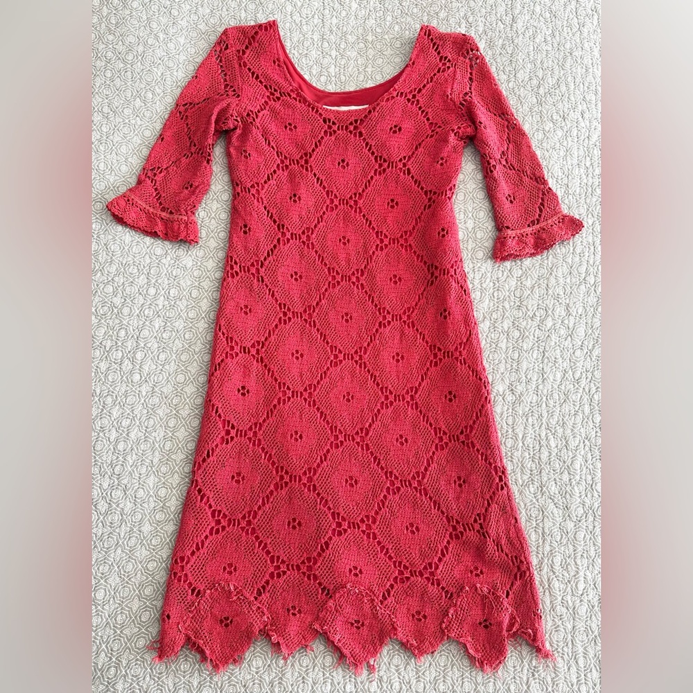 Sara Campbell Bright Coral Crochet Midi Dress Boho Size M